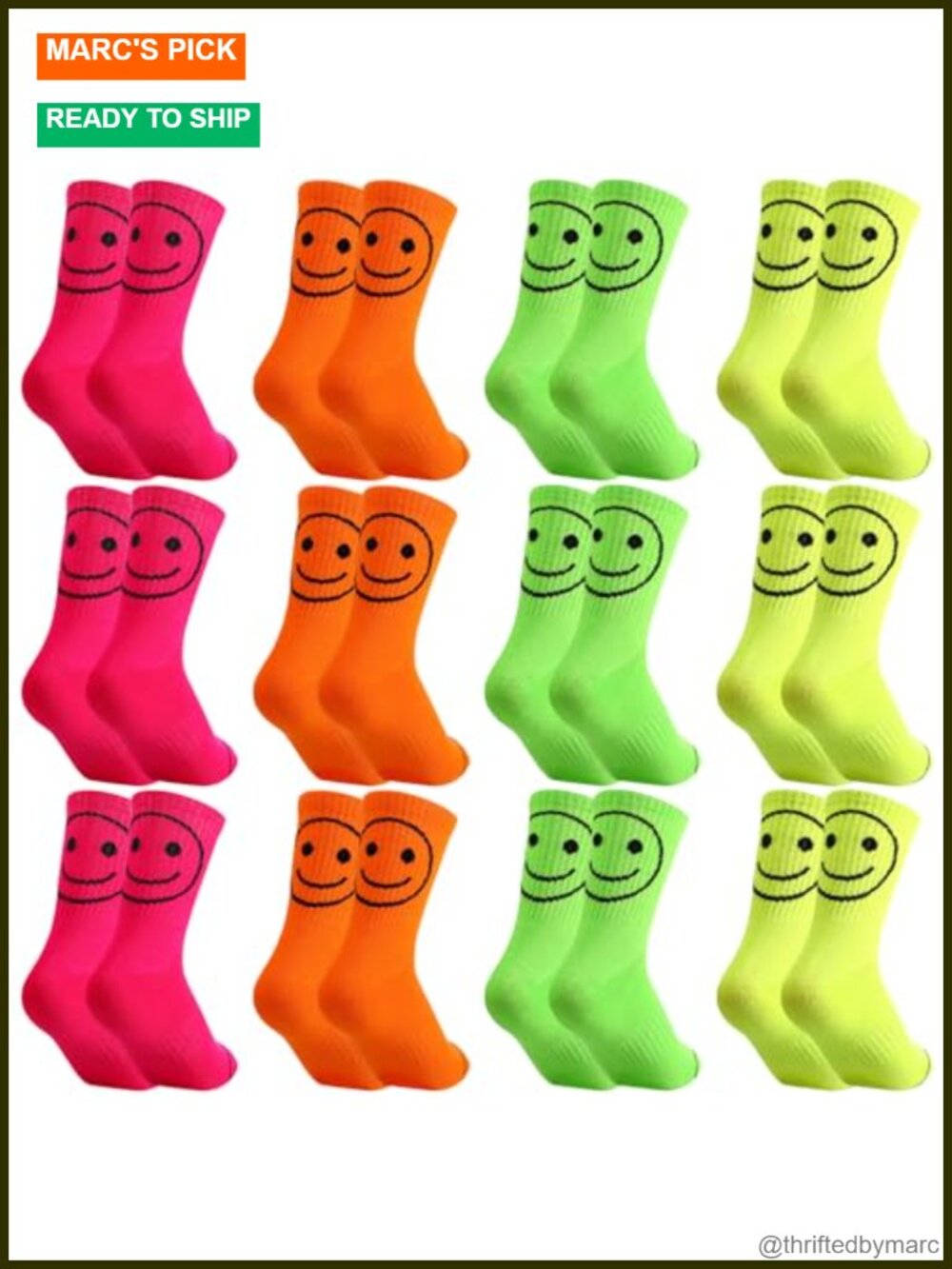 12 Pairs Neon Mid Calf Socks Smile Face Fun Athletic Women